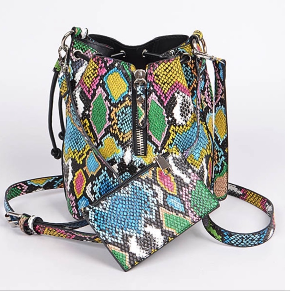 Multi-Color Snakeskin Bucket Crossbody Handbag